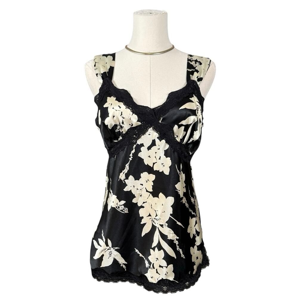 Kelly Renee Black Floral Satin Lace Trim Cami Tank Y2K Medium Romantic Coquette
